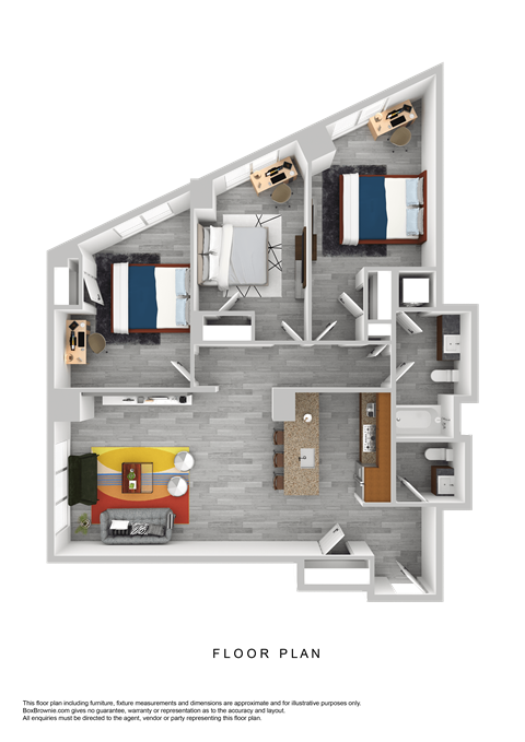 3d floor plan of a 259 sq ft apartment